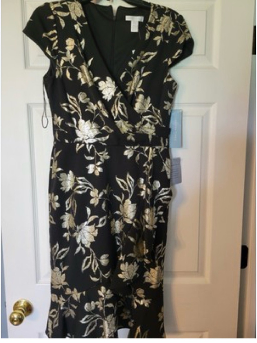 London Times Black Dress with Gold Floral Jacquard